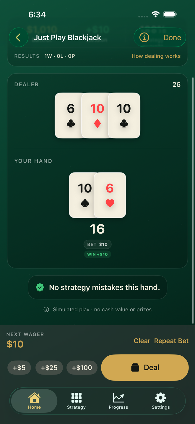 A completed simulated blackjack hand with strategy feedback